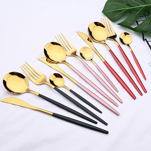 Edelstahl 24 Stück Gold Modernes Flatware-Set mit bunten Griffen