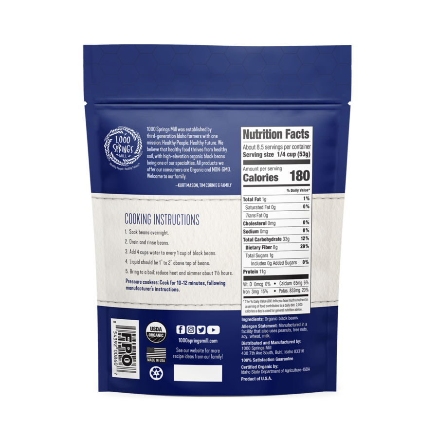 1000 Springs Mill Organic Schwarz Beans 454 g