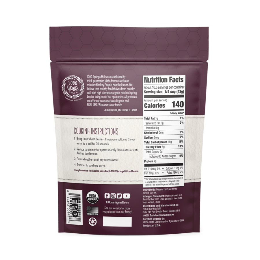 1000 Springs Mill Organic Hard Rot Spring Weizen Beeren 454 g