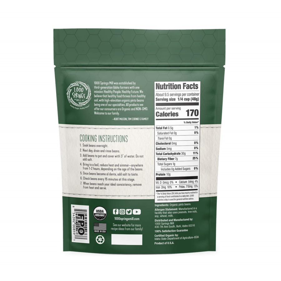 1000 Springs Mill Organic Pinto Beans 454 g