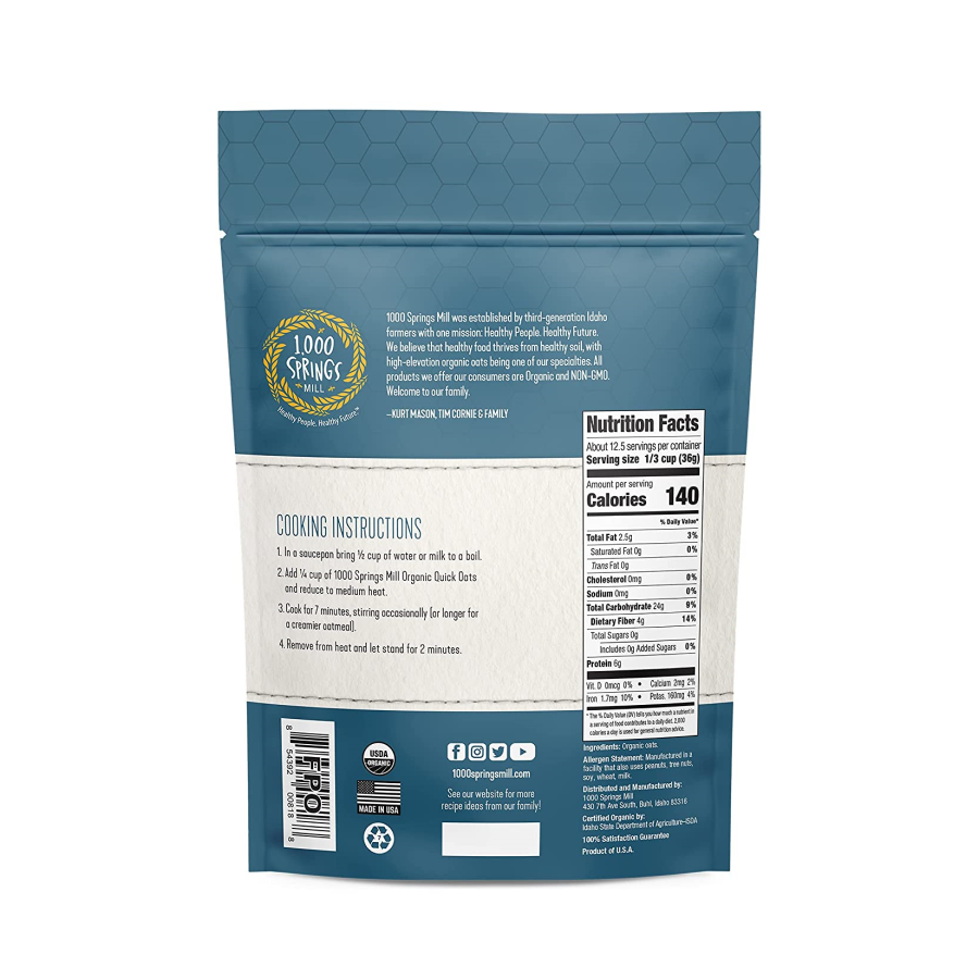 1000 Springs Mill Organic Quick Oats 454 g