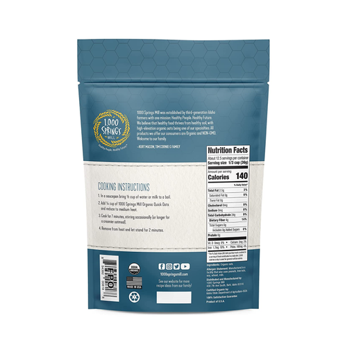 1000 Springs Mill Organic Quick Oats 454 g