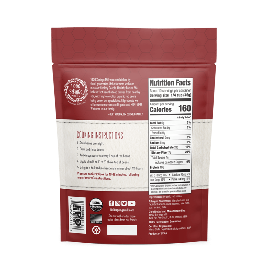 1000 Springs Mill Organic Rot Beans 454 g