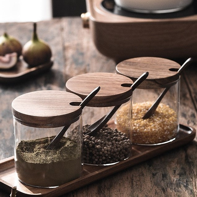 Acacia Wood & Glas Jar Set mit Tray
