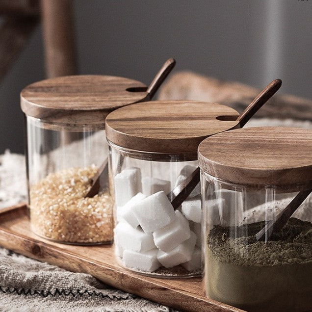 Acacia Wood & Glas Jar Set mit Tray