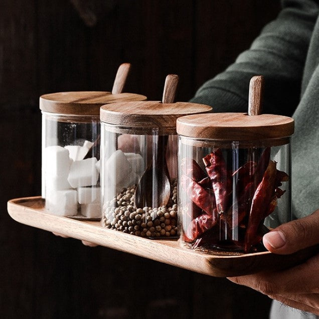 Acacia Wood & Glas Jar Set mit Tray