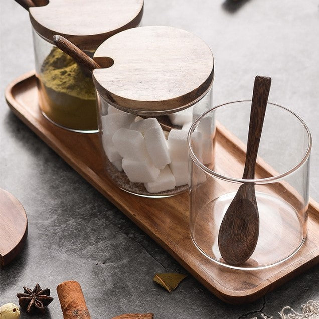Acacia Wood & Glas Jar Set mit Tray