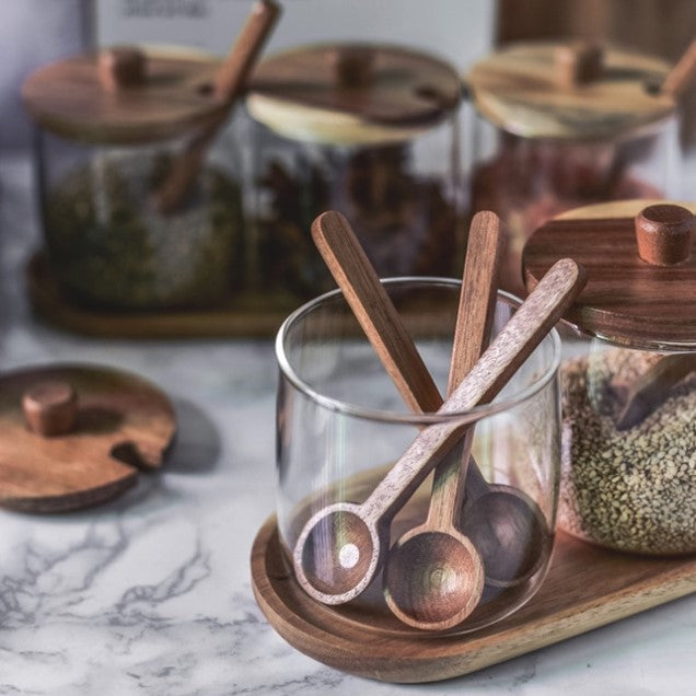 Acacia Wood & Glas Jar Set mit Tray