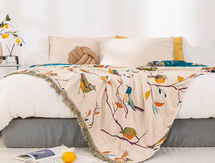 Paradiso Vögel Reversible Baumwoll Steppdecke Coverlet Leichte Bettwäsche mit Fringe