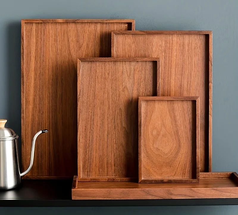 Moderne Luxus-Holz-Rechteck-Trays mit vertieften Griffen