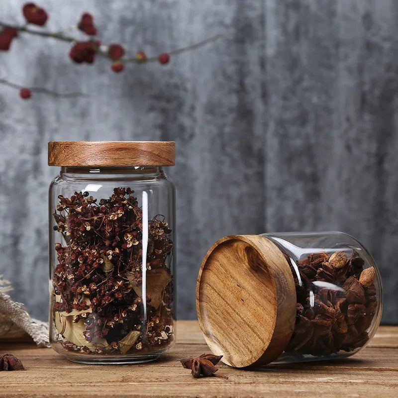 Wildnis Sammlung Acacia Wood & Glas Sealable Food Storage Jars