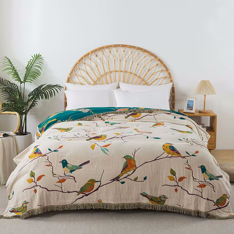 Paradiso Vögel Reversible Baumwoll Steppdecke Coverlet Leichte Bettwäsche mit Fringe