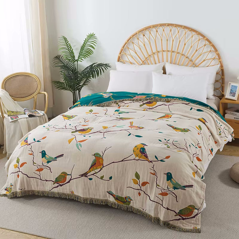 Paradiso Vögel Reversible Baumwoll Steppdecke Coverlet Leichte Bettwäsche mit Fringe