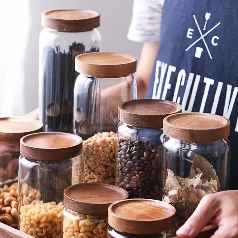 Wildnis Sammlung Acacia Wood & Glas Sealable Food Storage Jars