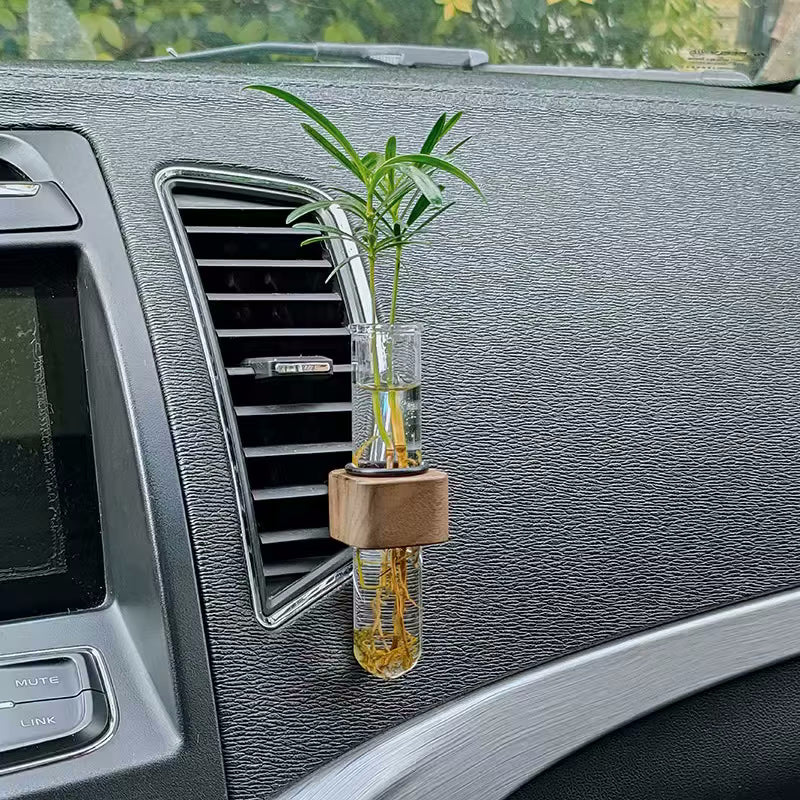 Holz & Glas Tube Car Bud Vasen mit Vent Clip