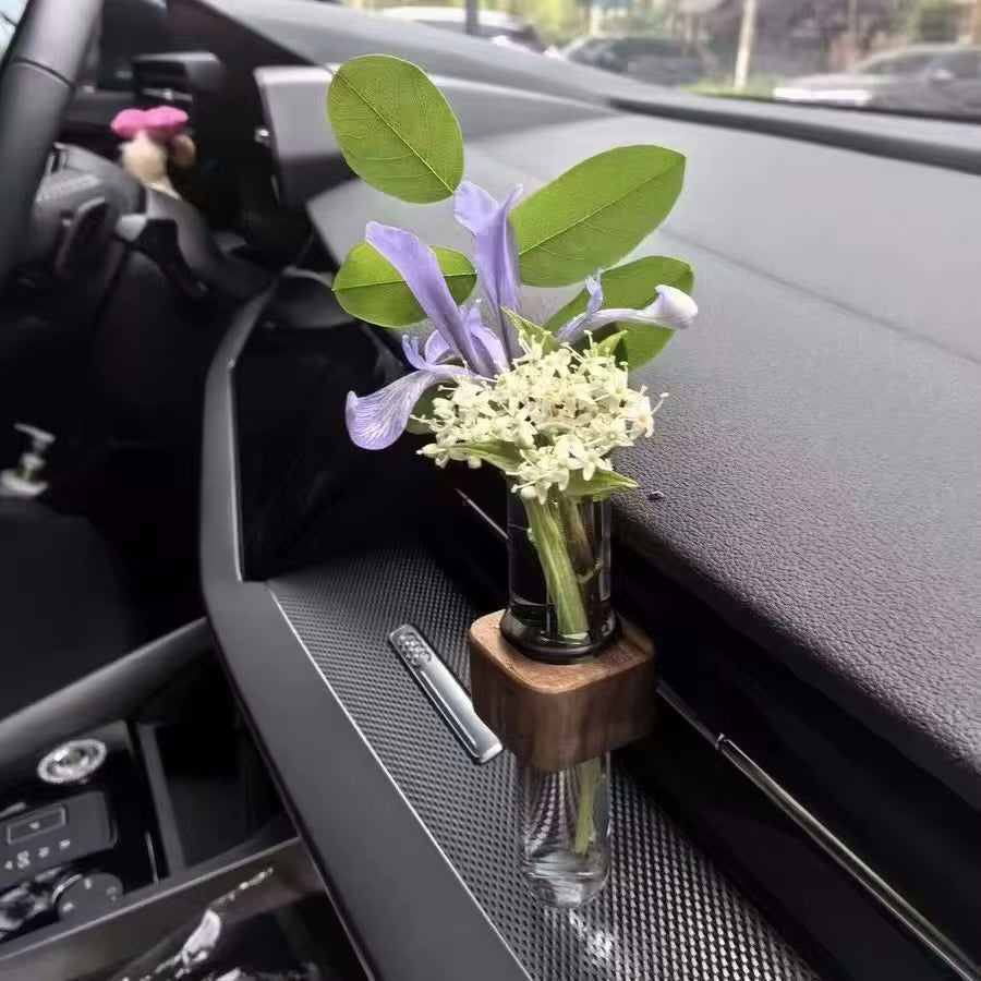 Holz & Glas Tube Car Bud Vasen mit Vent Clip