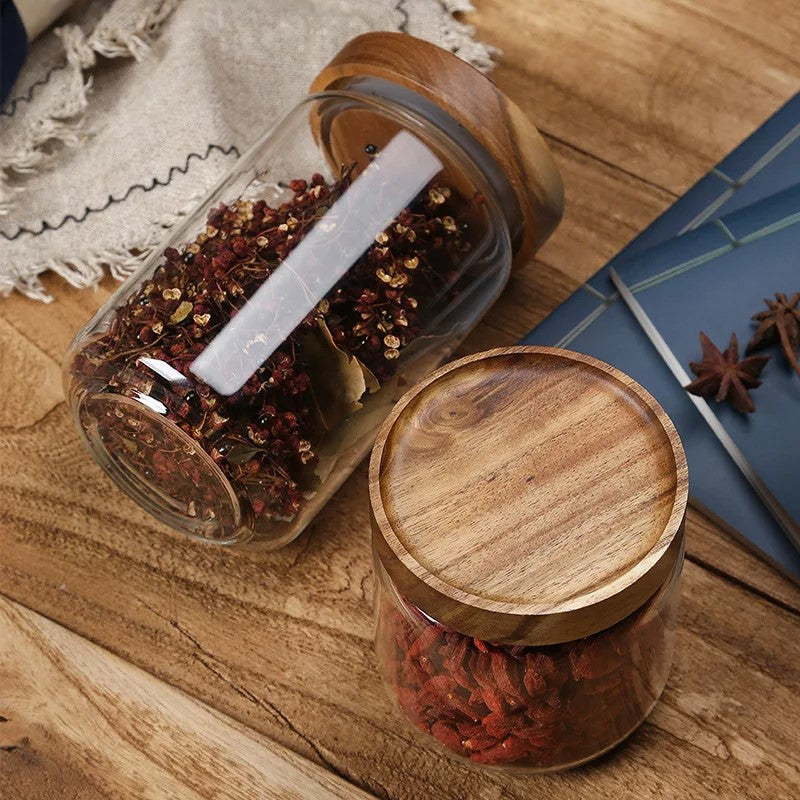 Wildnis Sammlung Acacia Wood & Glas Sealable Food Storage Jars