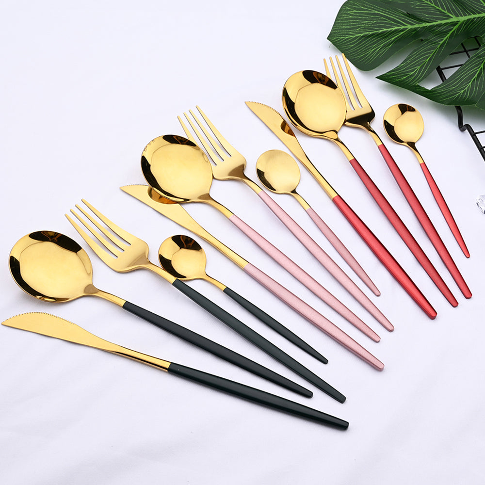 Edelstahl 24 Stück Gold Modernes Flatware-Set mit bunten Griffen