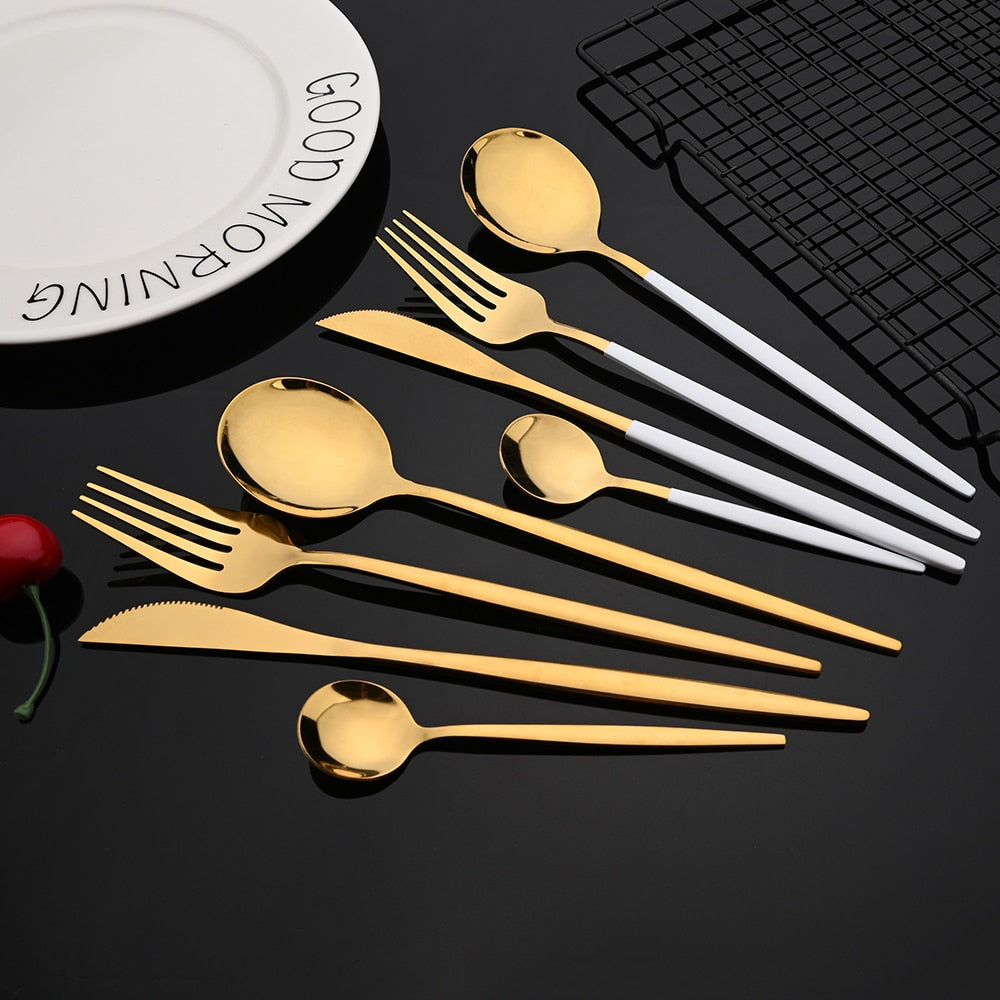 Edelstahl 24 Stück Gold Modernes Flatware-Set mit bunten Griffen