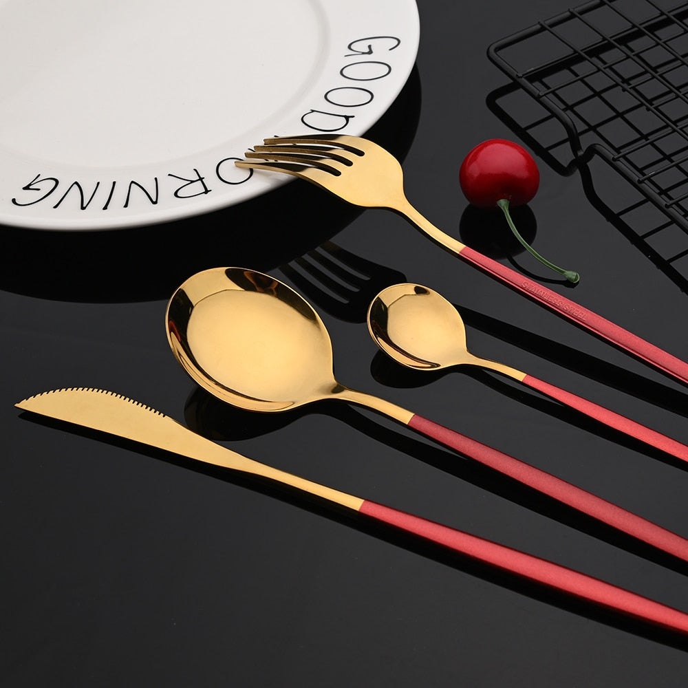 Edelstahl 24 Stück Gold Modernes Flatware-Set mit bunten Griffen