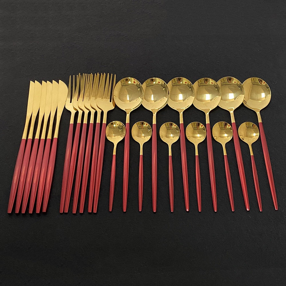 Edelstahl 24 Stück Gold Modernes Flatware-Set mit bunten Griffen
