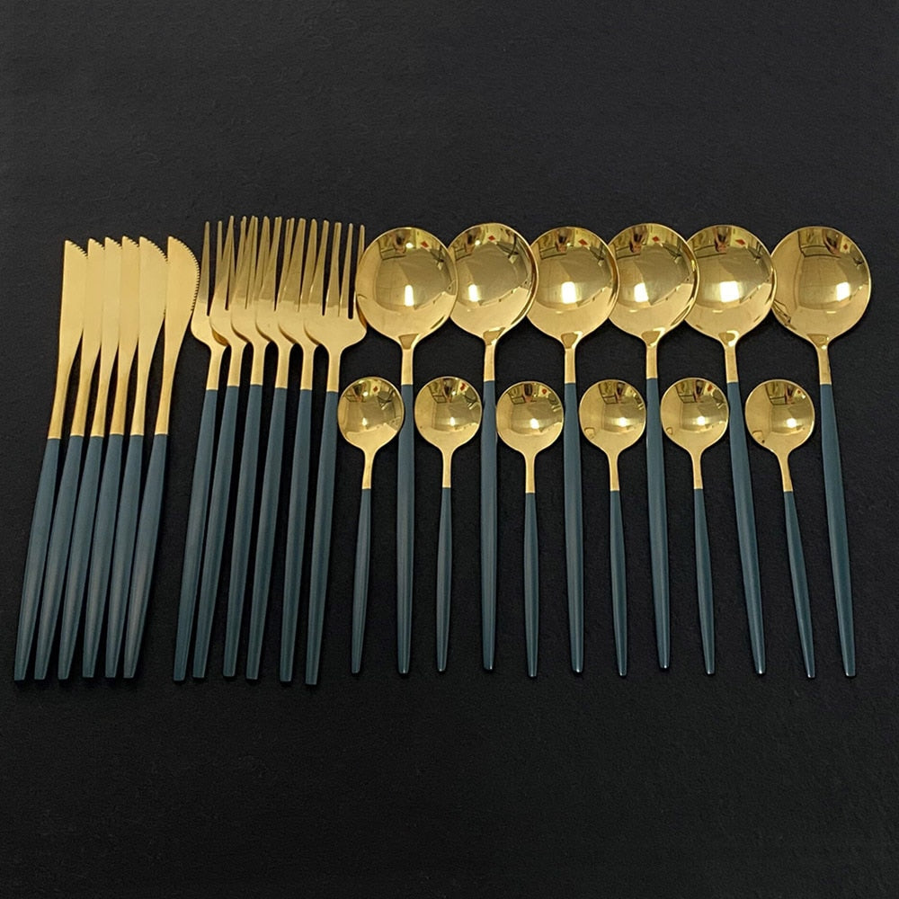 Edelstahl 24 Stück Gold Modernes Flatware-Set mit bunten Griffen