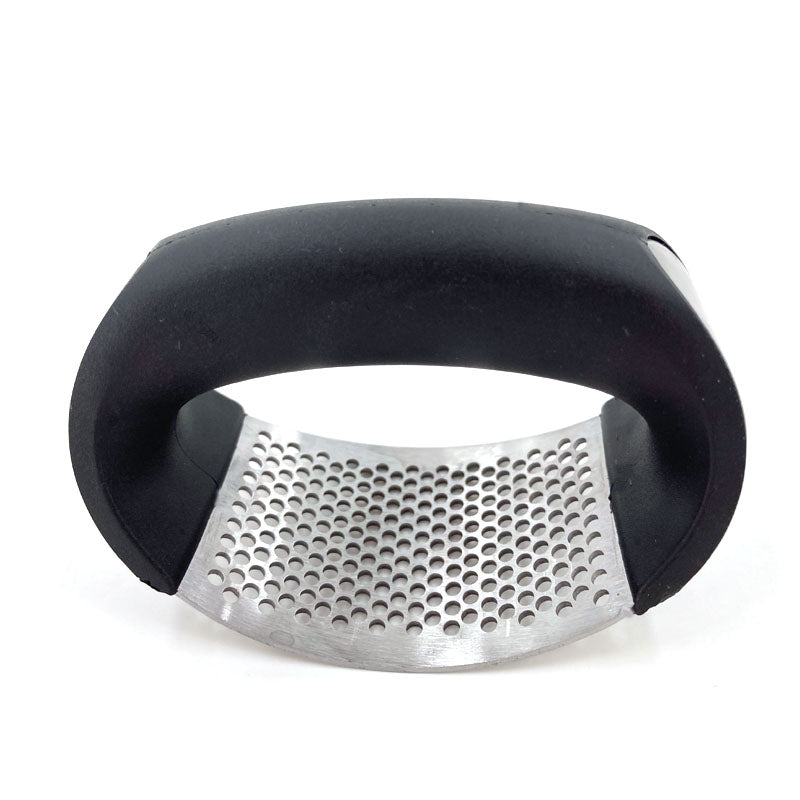Edelstahl gebogene Knoblauch Rocker Press mit schwarzem Griff