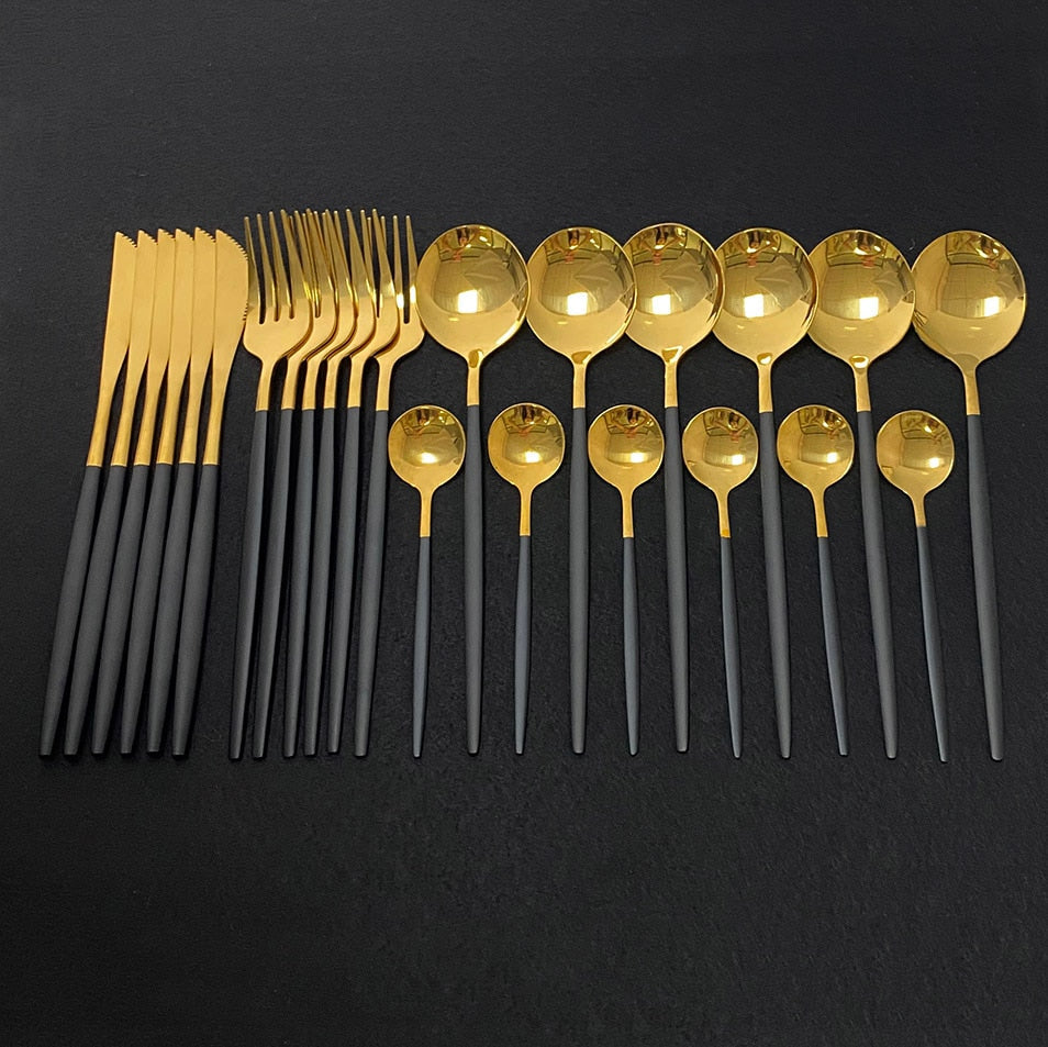 Edelstahl 24 Stück Gold Modernes Flatware-Set mit bunten Griffen