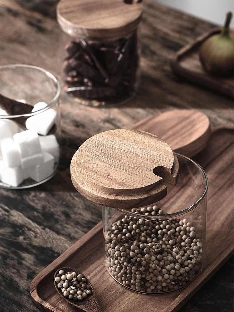 Acacia Wood & Glas Jar Set mit Tray