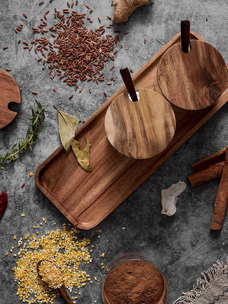 Acacia Wood & Glas Jar Set mit Tray