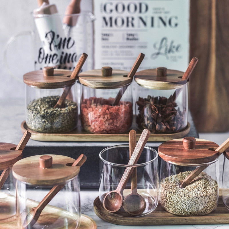 Acacia Wood & Glas Jar Set mit Tray