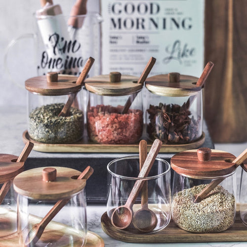 Acacia Wood & Glas Jar Set mit Tray
