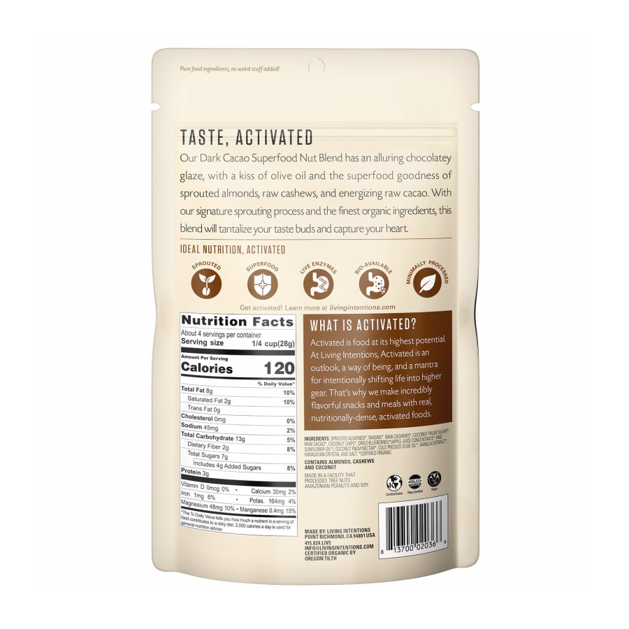 Lebende Absichten Aktiviert Superfood Nut Blend Dark Cacao 113 g