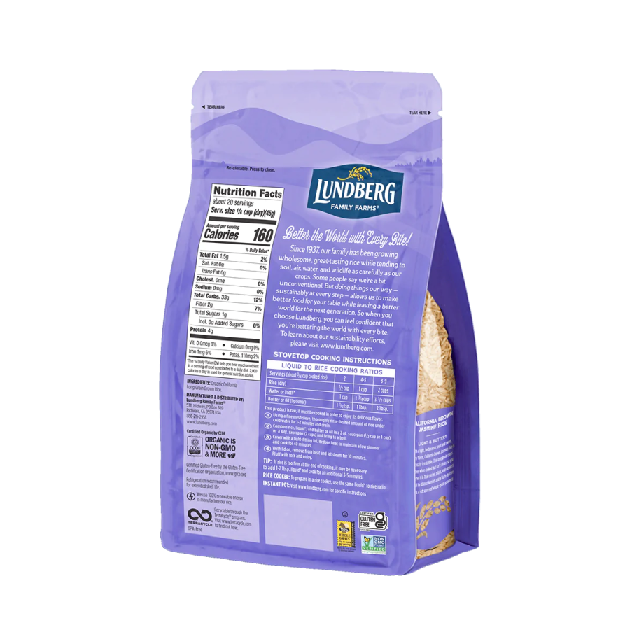 Lundberg Family Farms Organic California Braun Jasmine Reis 907 g