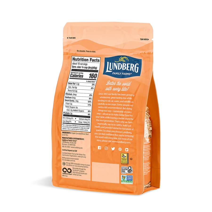 Lundberg Family Farms Organic Sprouted Braun Shorts Grain Rice 454 g