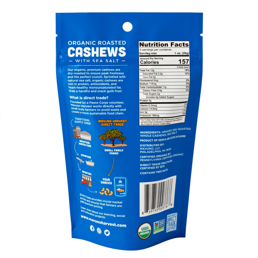 Mavuno Ernte Bio-Cashews mit Meersalz 113 g geröstet