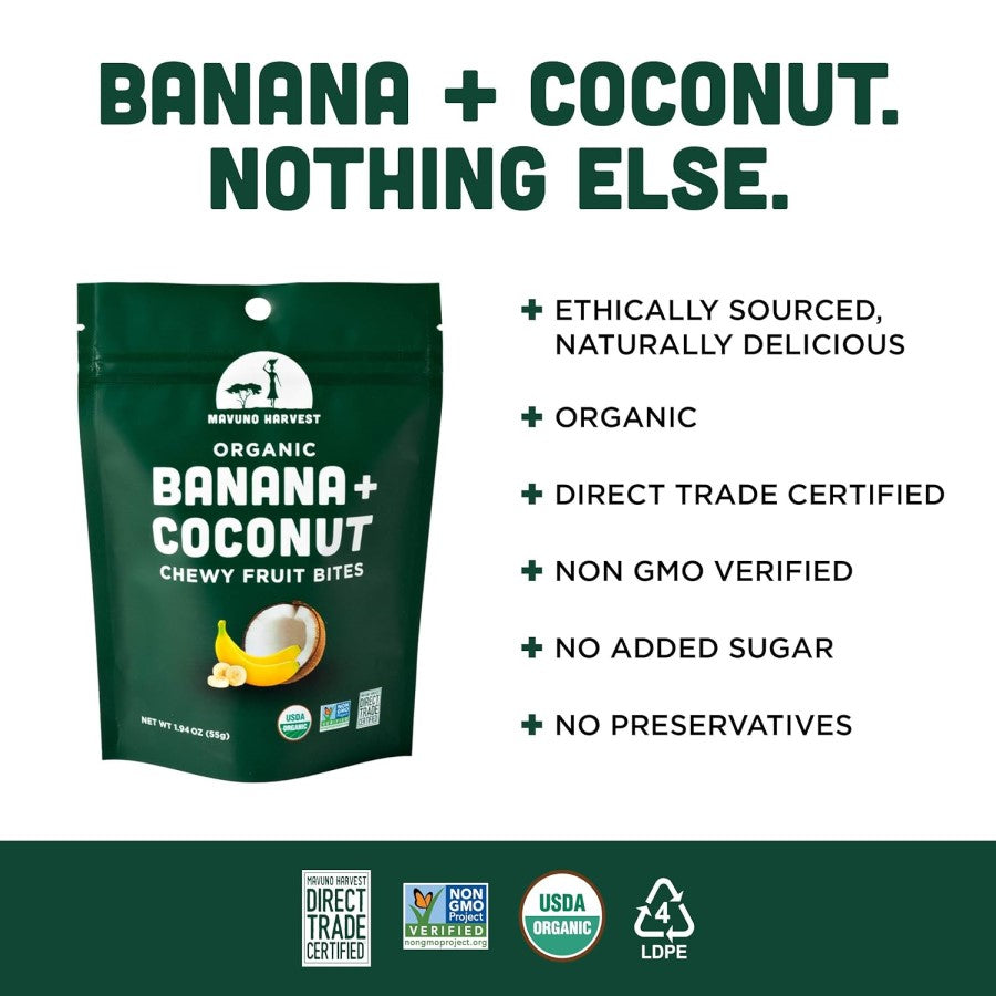 Mavuno Ernte Bio-Bananen-Kokosnuss-Kau-Frucht-Bisse 55 g