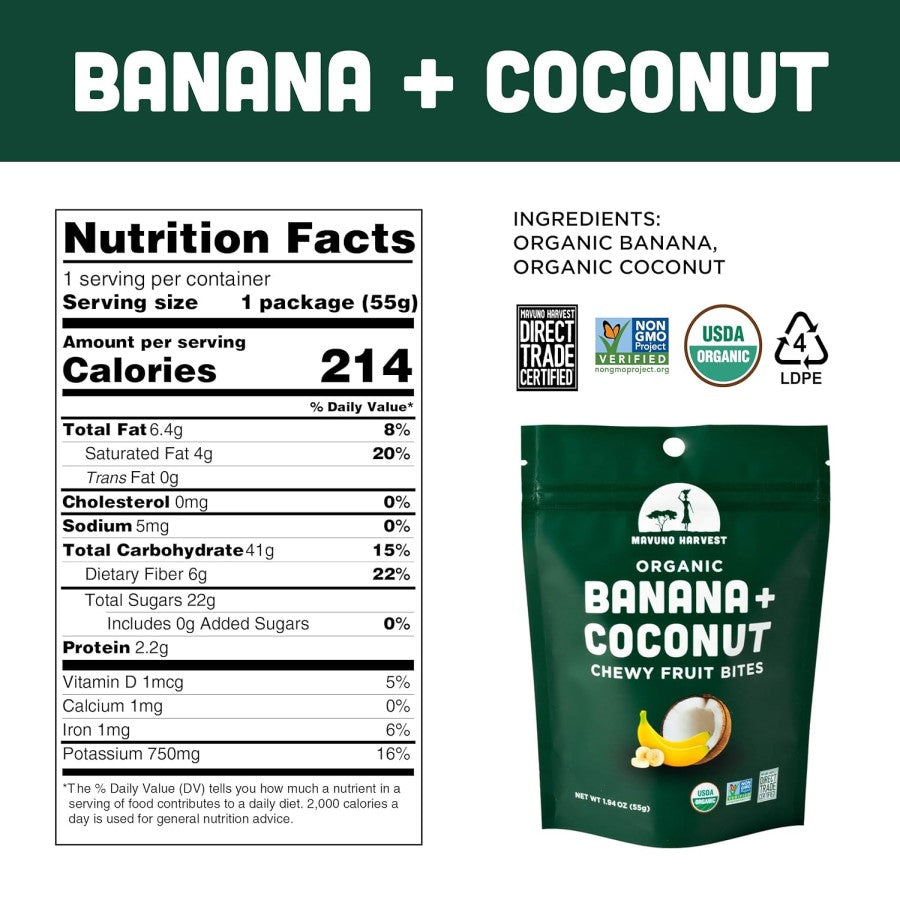 Mavuno Ernte Bio-Bananen-Kokosnuss-Kau-Frucht-Bisse 55 g