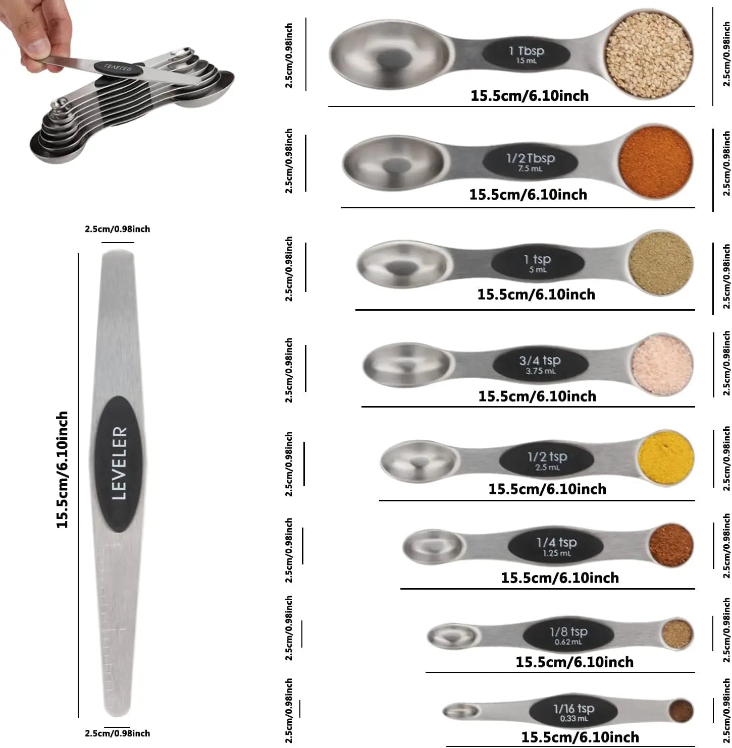 Alltägliches Edelstahlmagnet-Doppelkopf-Stapel-Messlöffel-Set