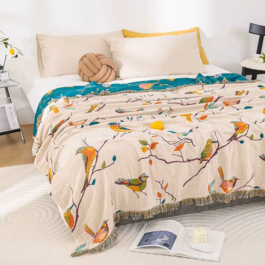 Paradiso Vögel Reversible Baumwoll Steppdecke Coverlet Leichte Bettwäsche mit Fringe