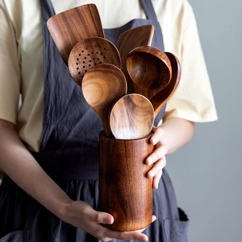 9 Stück Teak Wood Küchenwerkzeug