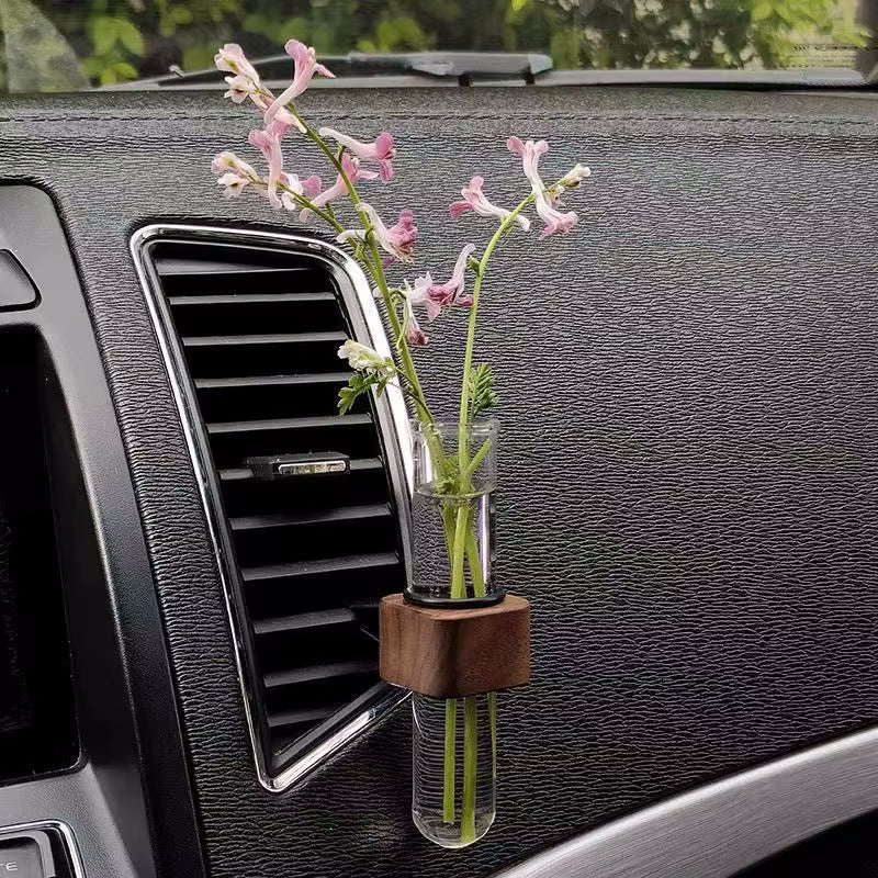 Holz & Glas Tube Car Bud Vasen mit Vent Clip