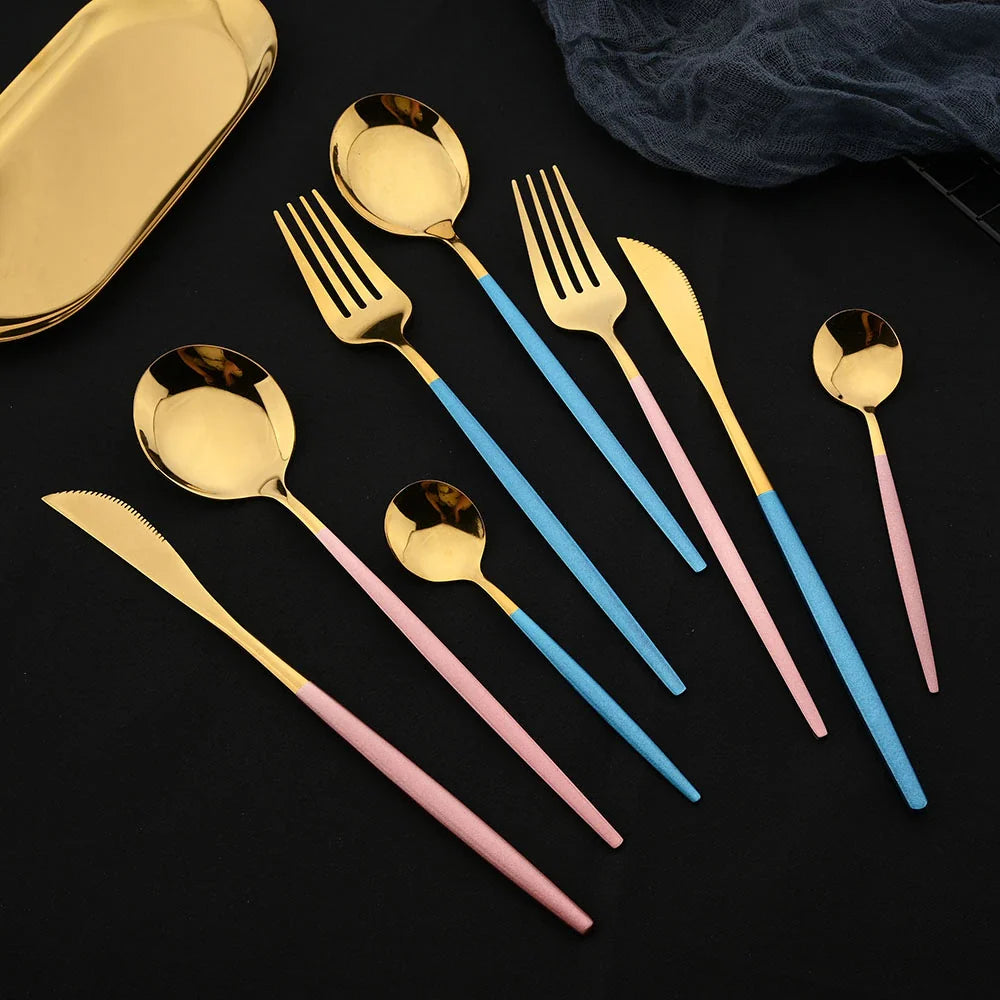Edelstahl 24 Stück Gold Modernes Flatware-Set mit bunten Griffen