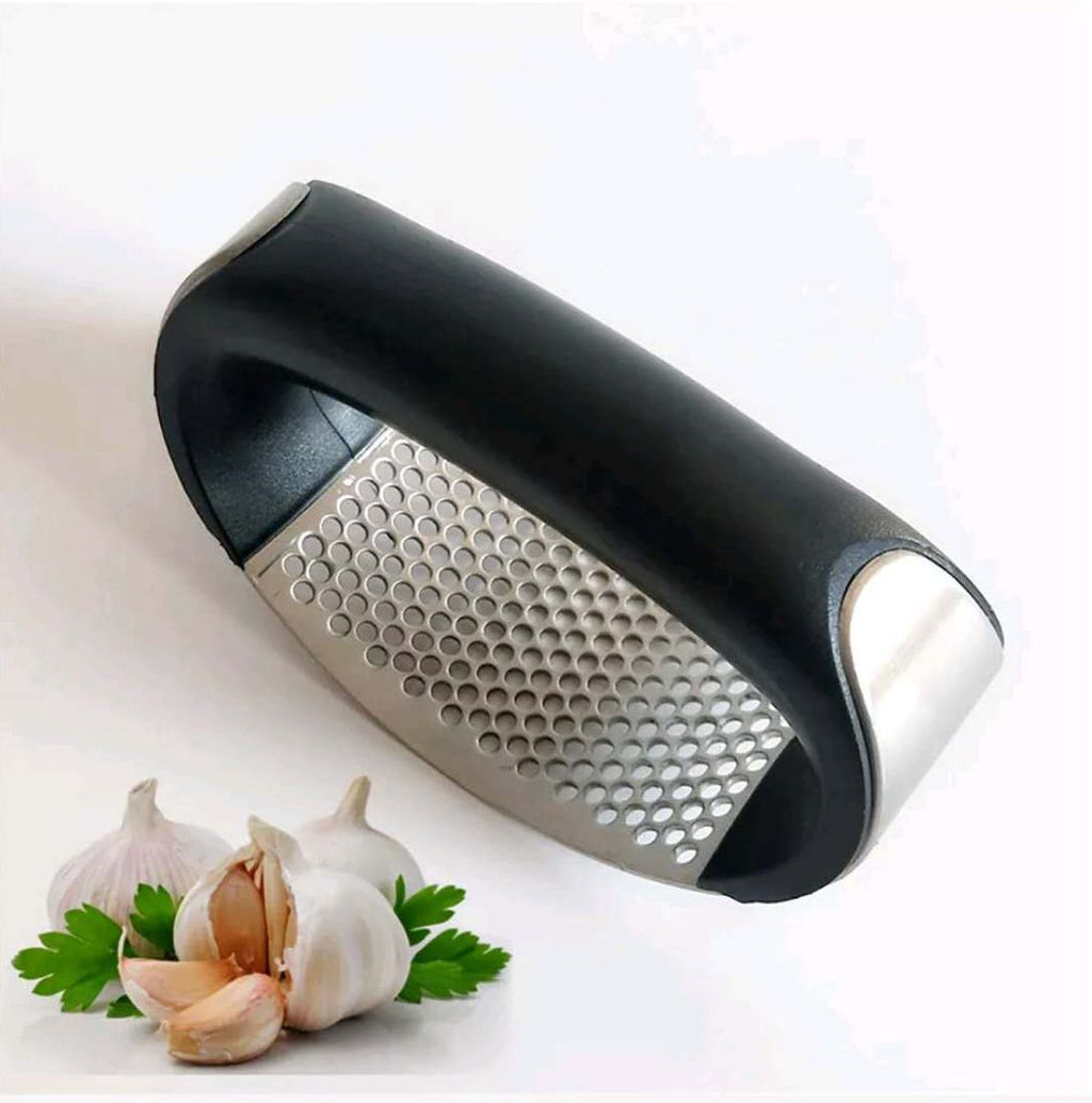 Edelstahl gebogene Knoblauch Rocker Press mit schwarzem Griff