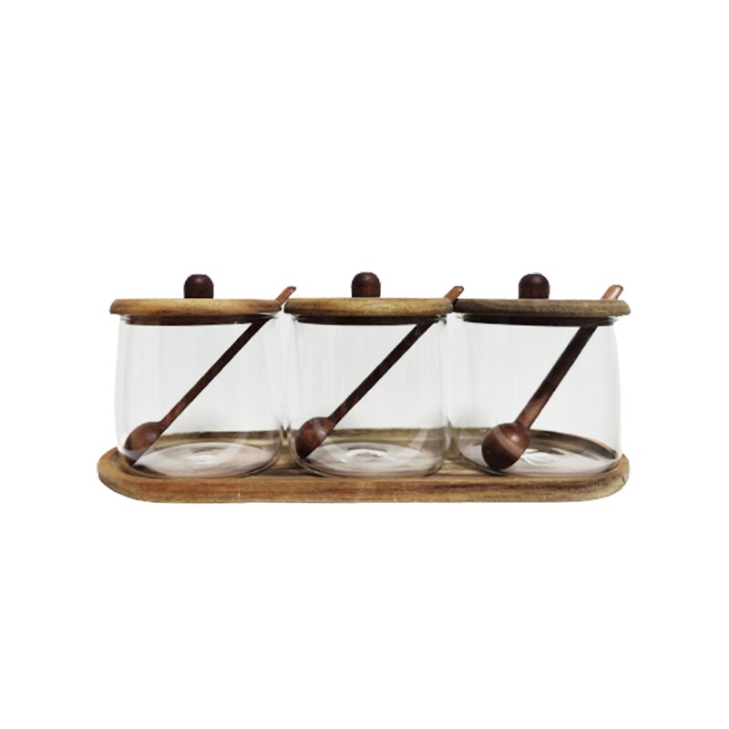 Acacia Wood & Glas Jar Set mit Tray
