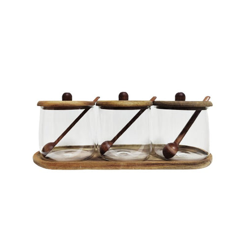 Acacia Wood & Glas Jar Set mit Tray