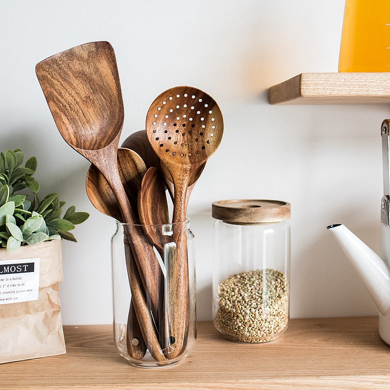 9 Stück Teak Wood Küchenwerkzeug
