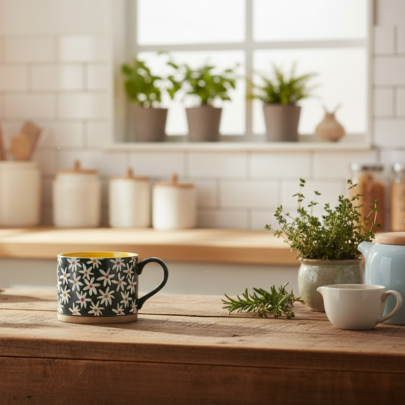 Entzückende Blumenkeramikbecher mit exponierter Base
