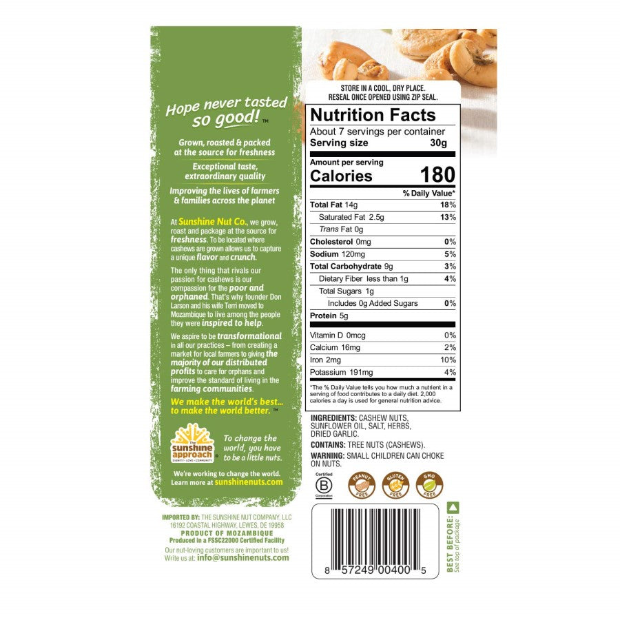 Sunshine Nut Co Whole Geröstete Cashews Handvoll Kräuter 198 g