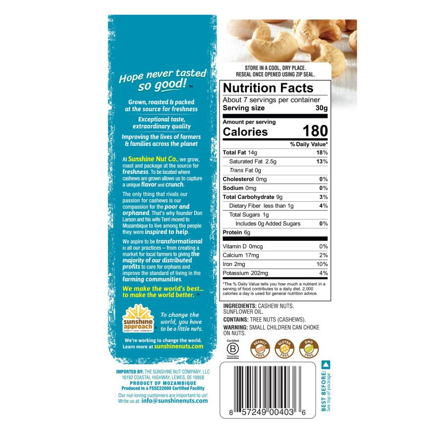Sunshine Nut Co Whole geröstete Cashews perfekt schlicht 198 g
